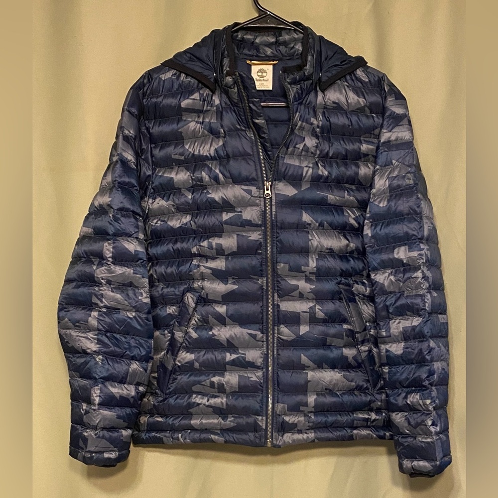 Timberland Hooded Quilted Down Feather Navy blue grey camouflage Jacket Men’s M